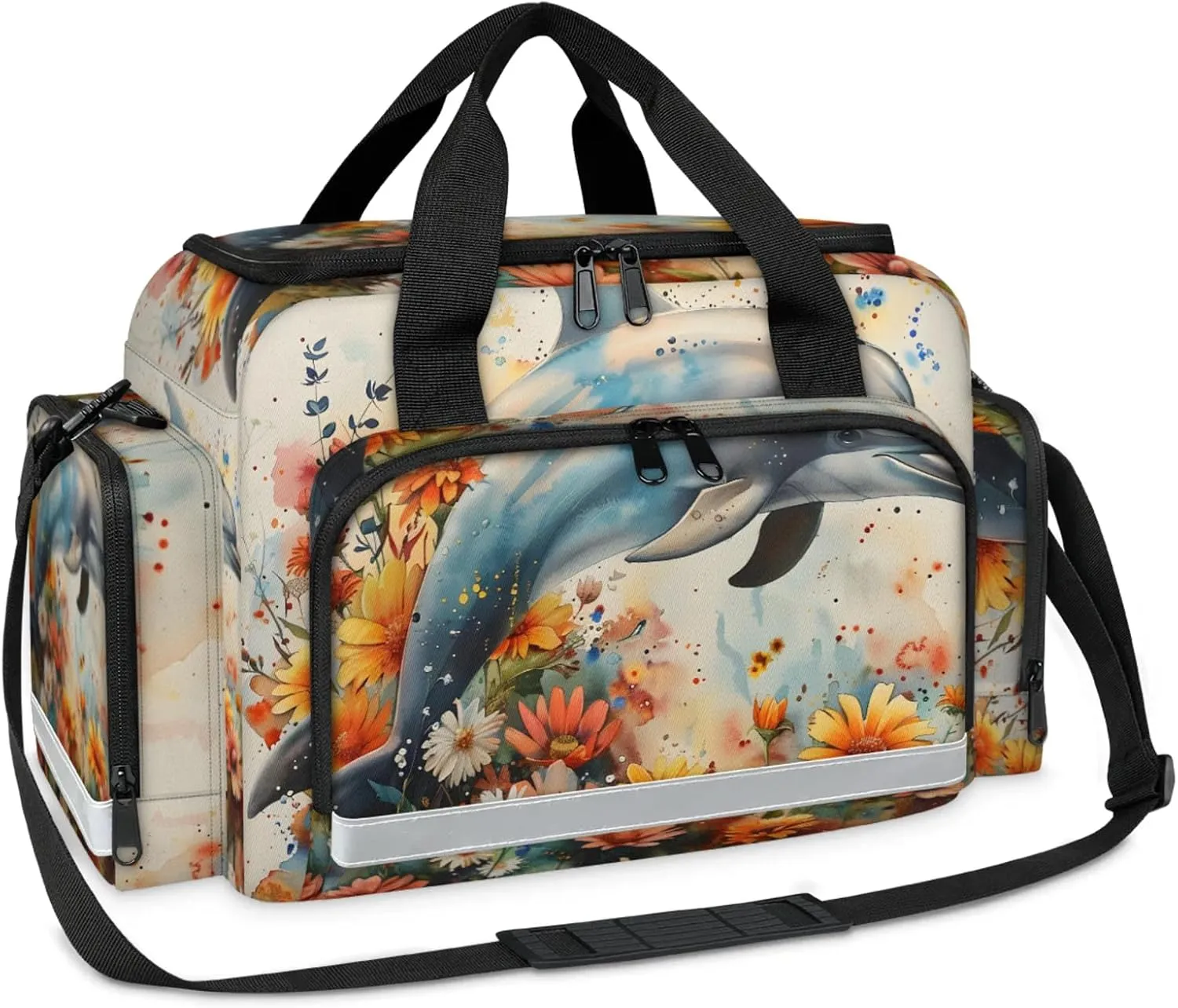 Waterproof Tactical Duffle Bag 25" Carry On Bag for EMT Tear-Resistant Gym Bag with Multi-Pocket & OSHA Reflective Travel Bags for Men Women Dolphins Flowers