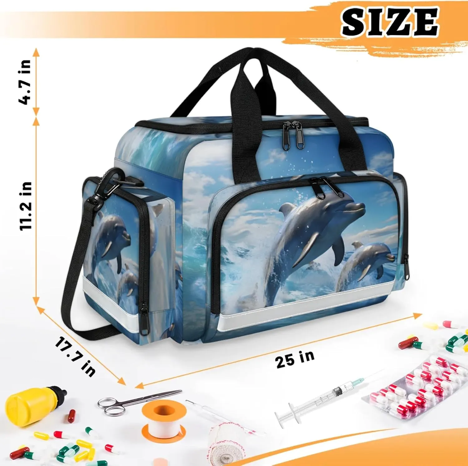Waterproof Tactical Duffle Bag 25" Carry On Bag for EMT Tear-Resistant Gym Bag with Multi-Pocket & OSHA Reflective Travel Bags for Men Women Dolphins
