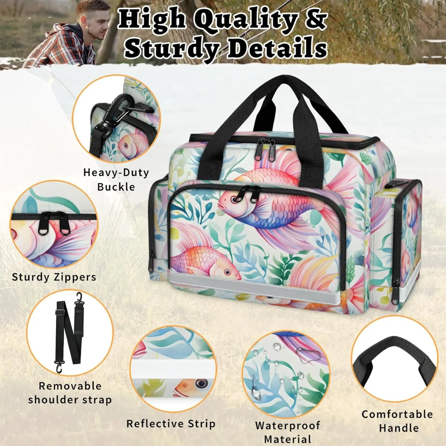 Waterproof Tactical Duffle Bag 25" Carry On Bag for EMT Tear-Resistant Gym Bag with Multi-Pocket & OSHA Reflective Travel Bags for Men Women Fish Sea Grass