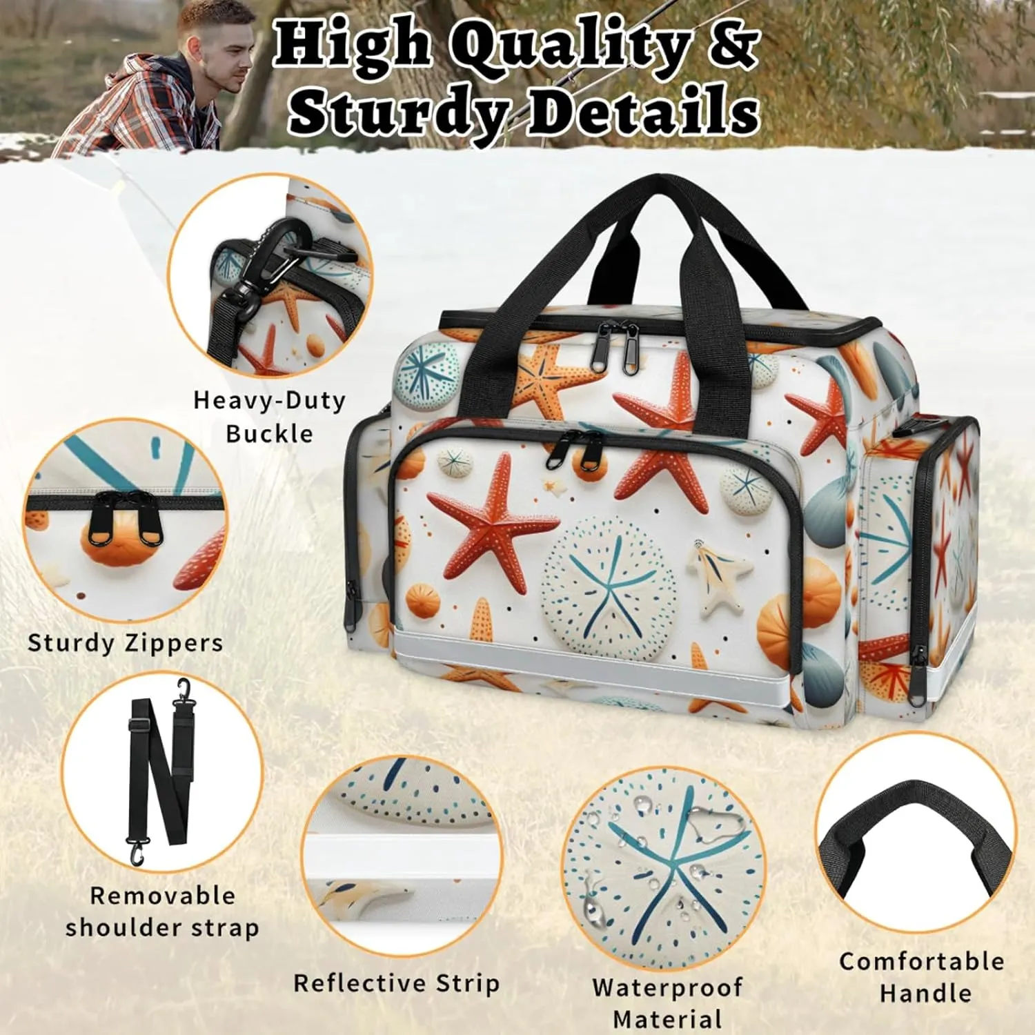 Waterproof Tactical Duffle Bag 25" Carry On Bag for EMT Tear-Resistant Gym Bag with Multi-Pocket & OSHA Reflective Travel Bags for Men Women Nautical Starfish