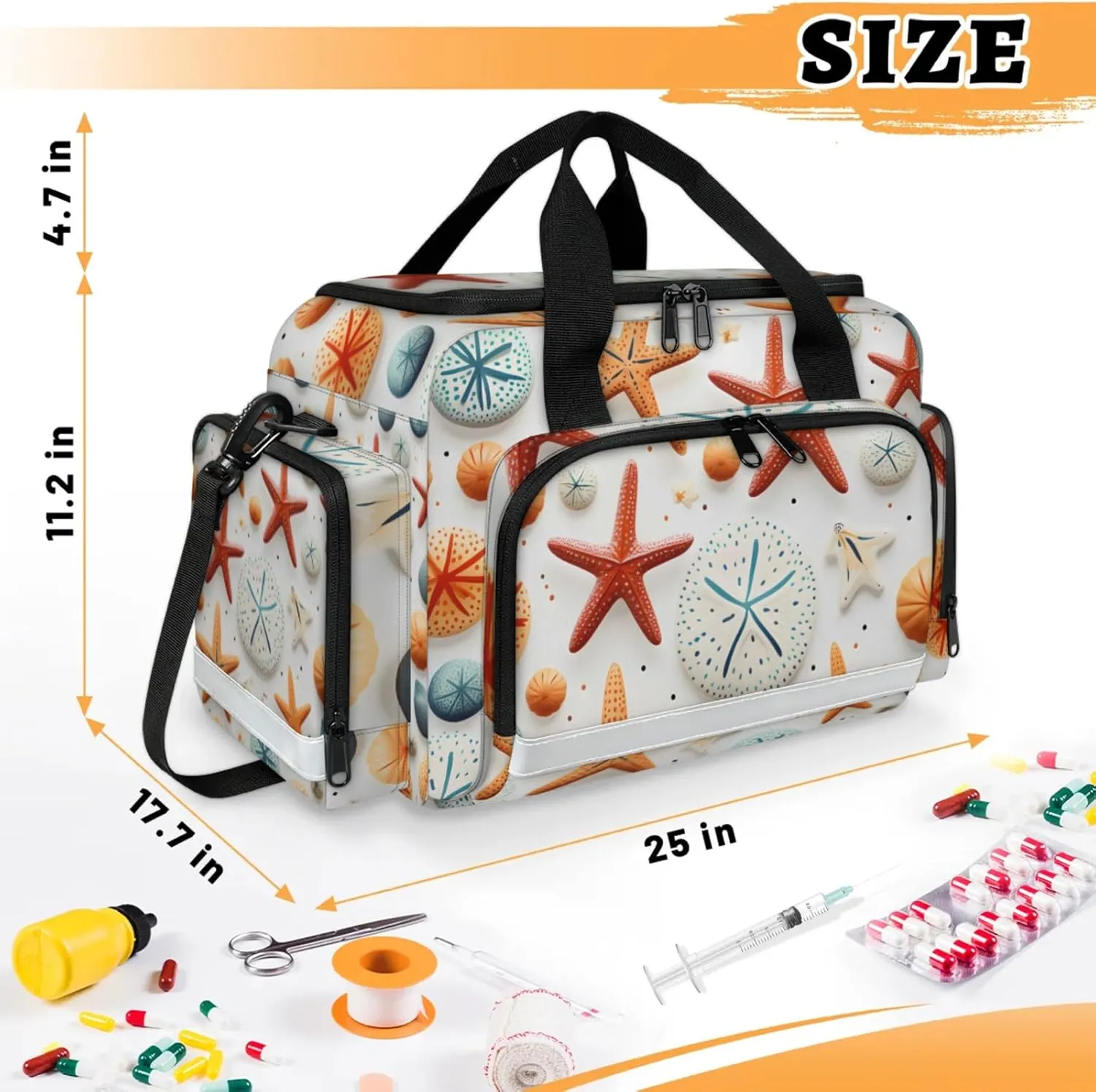Waterproof Tactical Duffle Bag 25" Carry On Bag for EMT Tear-Resistant Gym Bag with Multi-Pocket & OSHA Reflective Travel Bags for Men Women Nautical Starfish