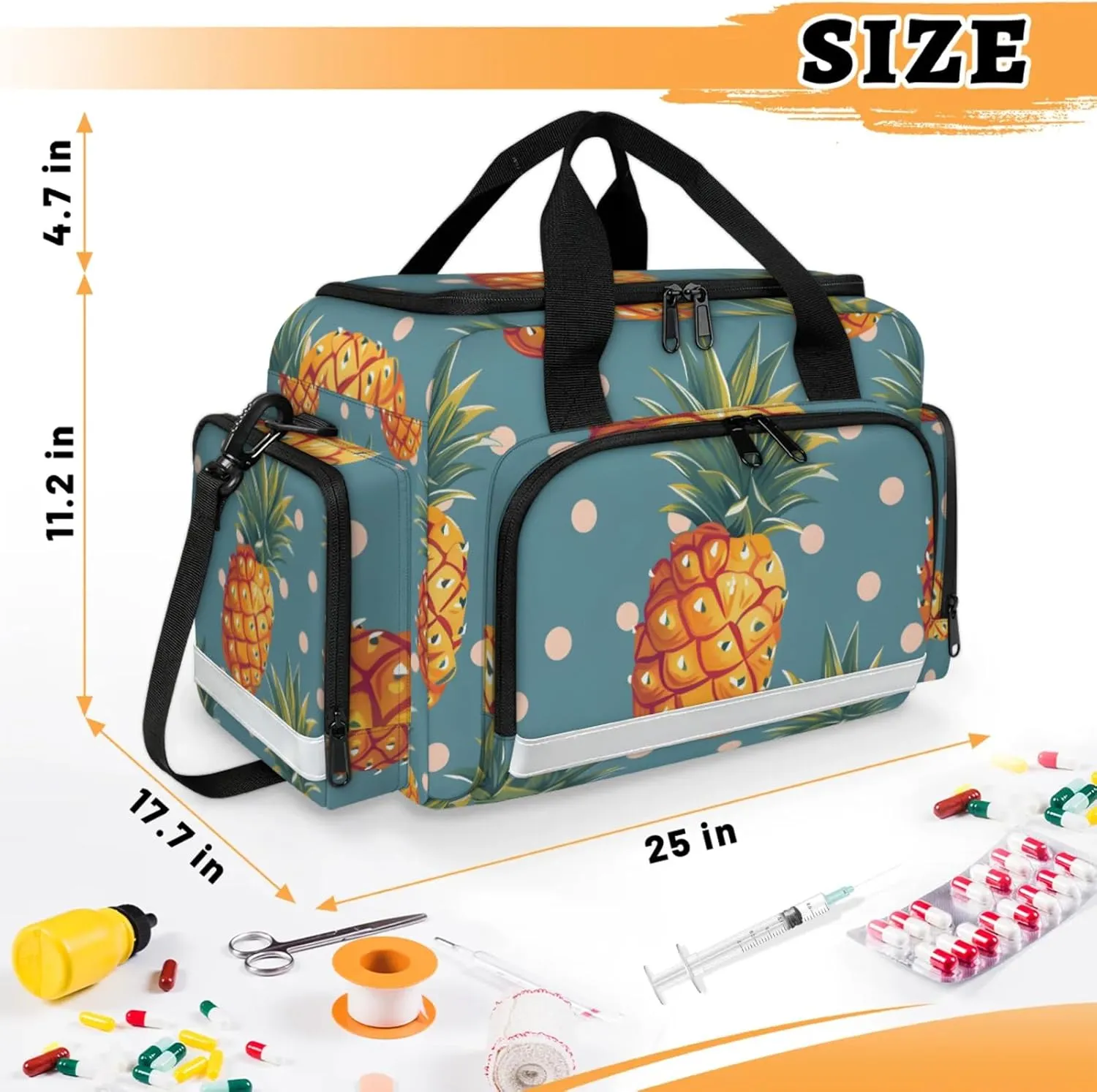 Waterproof Tactical Duffle Bag 25" Carry On Bag for EMT Tear-Resistant Gym Bag with Multi-Pocket & OSHA Reflective Travel Bags for Men Women Pineapples Dots