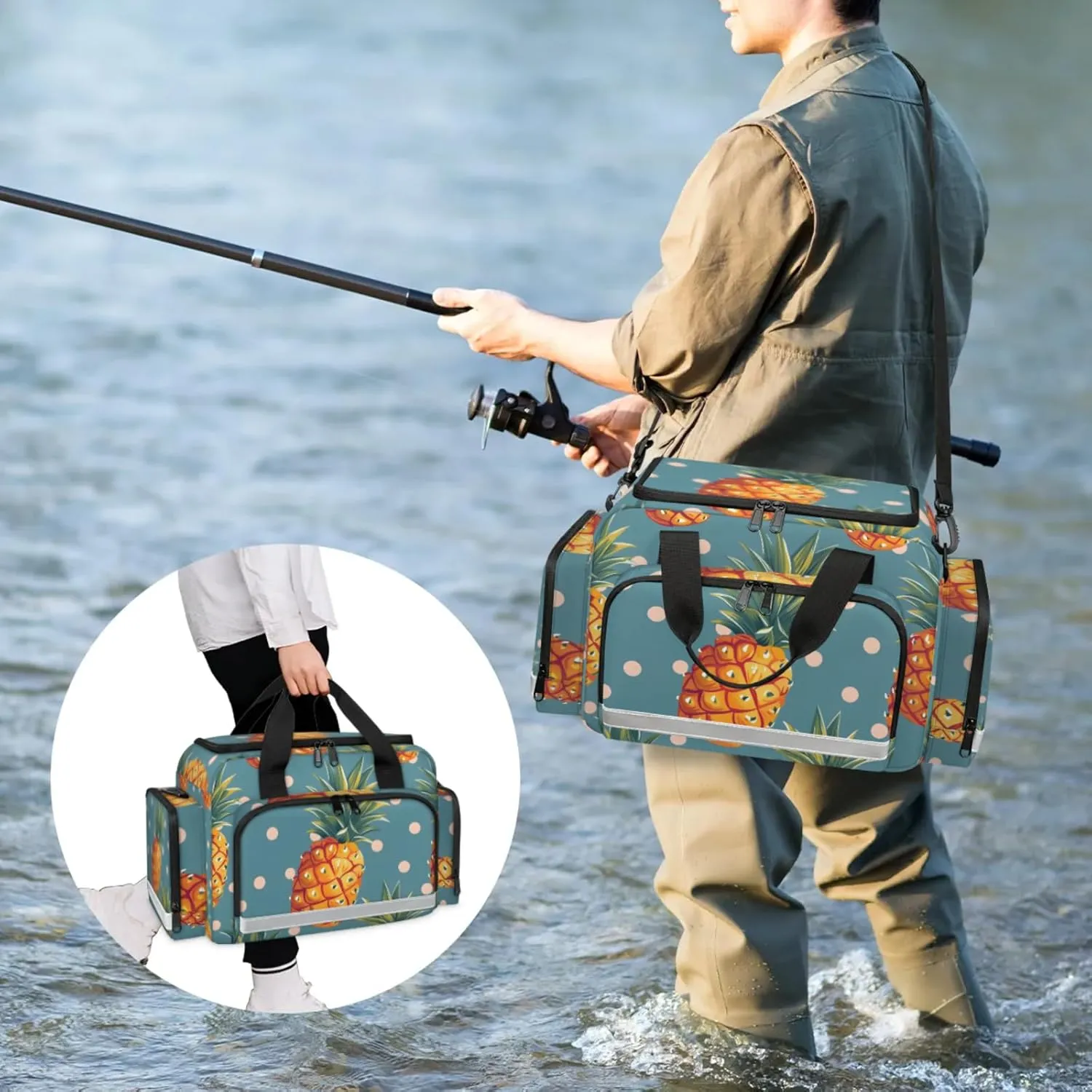 Waterproof Tactical Duffle Bag 25" Carry On Bag for EMT Tear-Resistant Gym Bag with Multi-Pocket & OSHA Reflective Travel Bags for Men Women Pineapples Dots