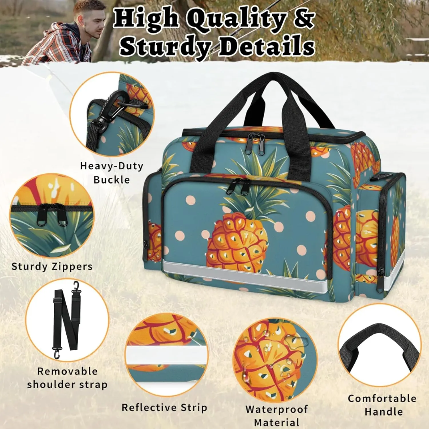 Waterproof Tactical Duffle Bag 25" Carry On Bag for EMT Tear-Resistant Gym Bag with Multi-Pocket & OSHA Reflective Travel Bags for Men Women Pineapples Dots