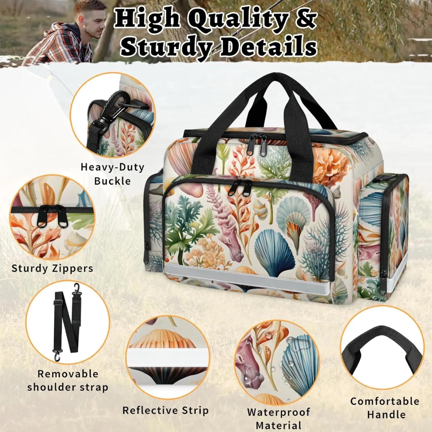 Waterproof Tactical Duffle Bag 25" Carry On Bag for EMT Tear-Resistant Gym Bag with Multi-Pocket & OSHA Reflective Travel Bags for Men Women Seashells Sea Plants