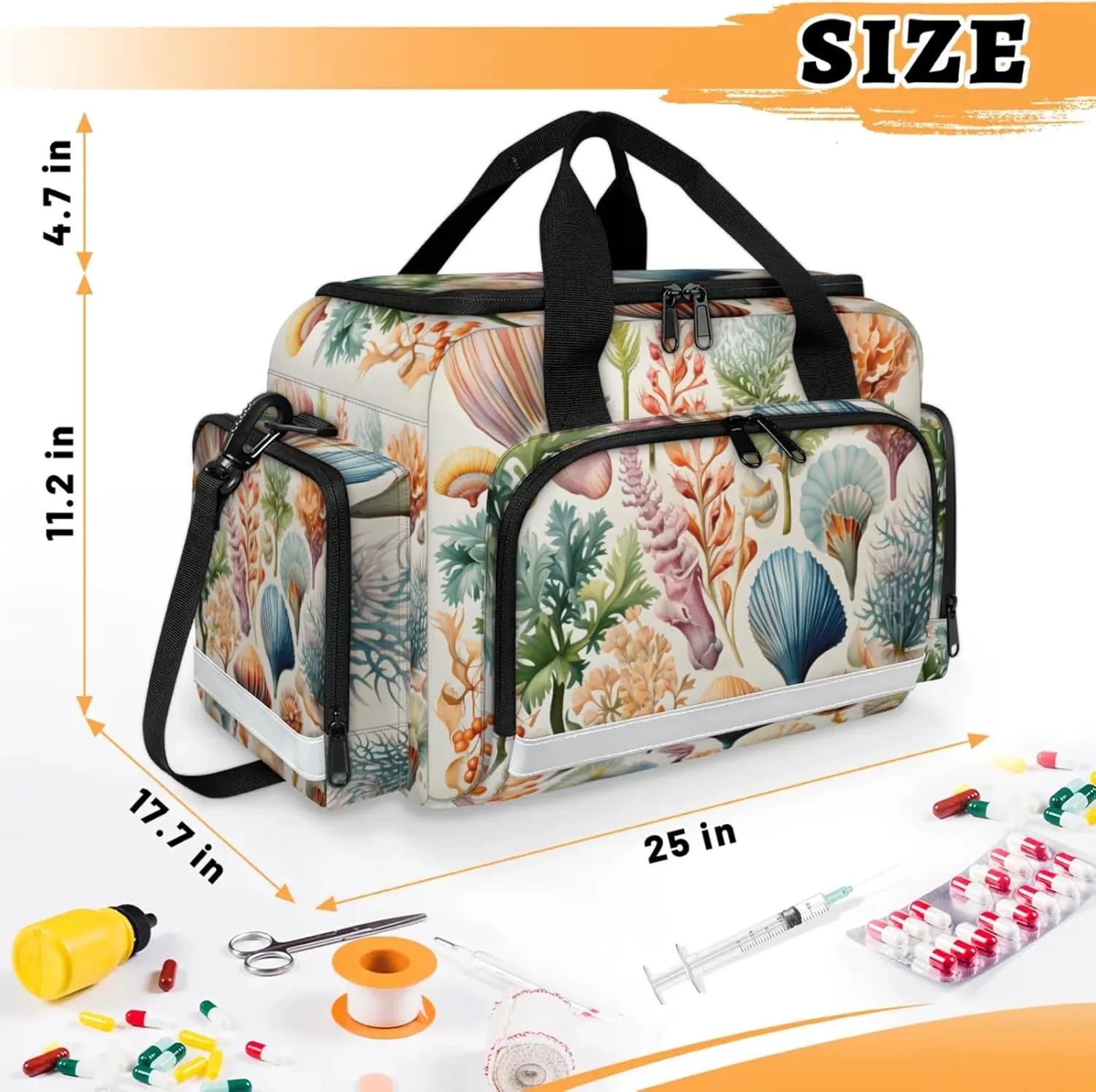 Waterproof Tactical Duffle Bag 25" Carry On Bag for EMT Tear-Resistant Gym Bag with Multi-Pocket & OSHA Reflective Travel Bags for Men Women Seashells Sea Plants