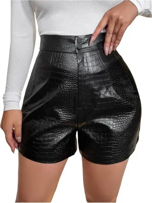 WDIRARA Women's High Waisted PU Leather Shorts Crocodile Pattern Straight Leg Shorts