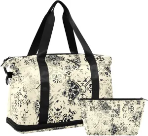 Weekender Bag Set Vintage Tiles Patchwork Sport Travel Duffel Bag Large Tote Bag with Shoe Compartment