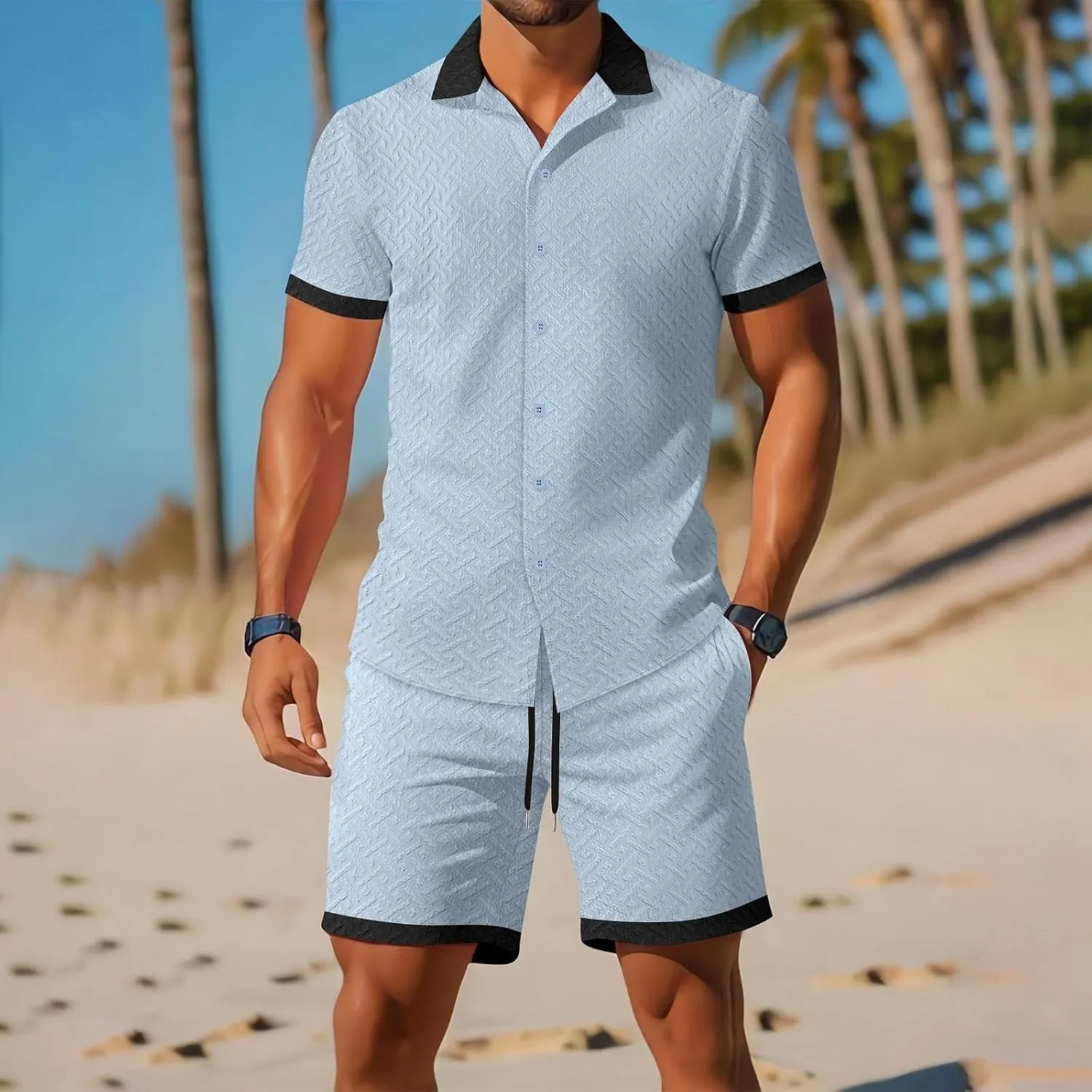 WENKOMG1 Mens Short Sleeve Shirt Sets Jacquard Textured Casual Button Down Tshirt Shirts Lounge Shorts Sets