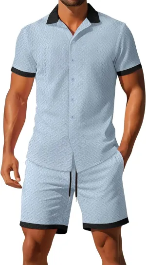 WENKOMG1 Mens Short Sleeve Shirt Sets Jacquard Textured Casual Button Down Tshirt Shirts Lounge Shorts Sets