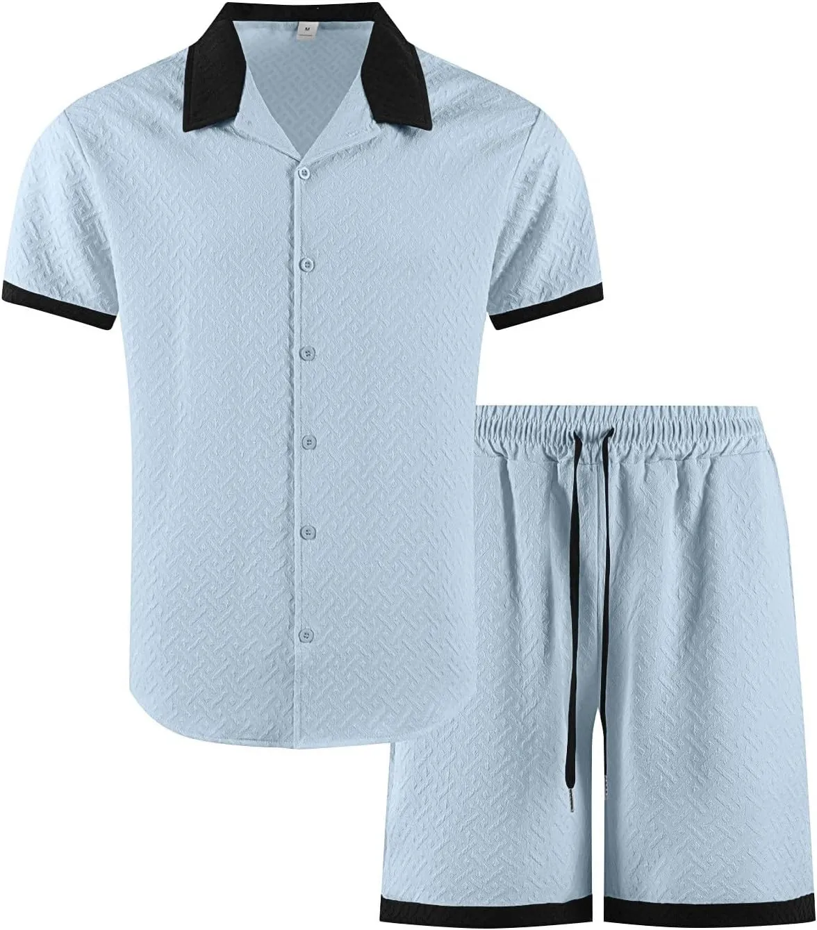 WENKOMG1 Mens Short Sleeve Shirt Sets Jacquard Textured Casual Button Down Tshirt Shirts Lounge Shorts Sets