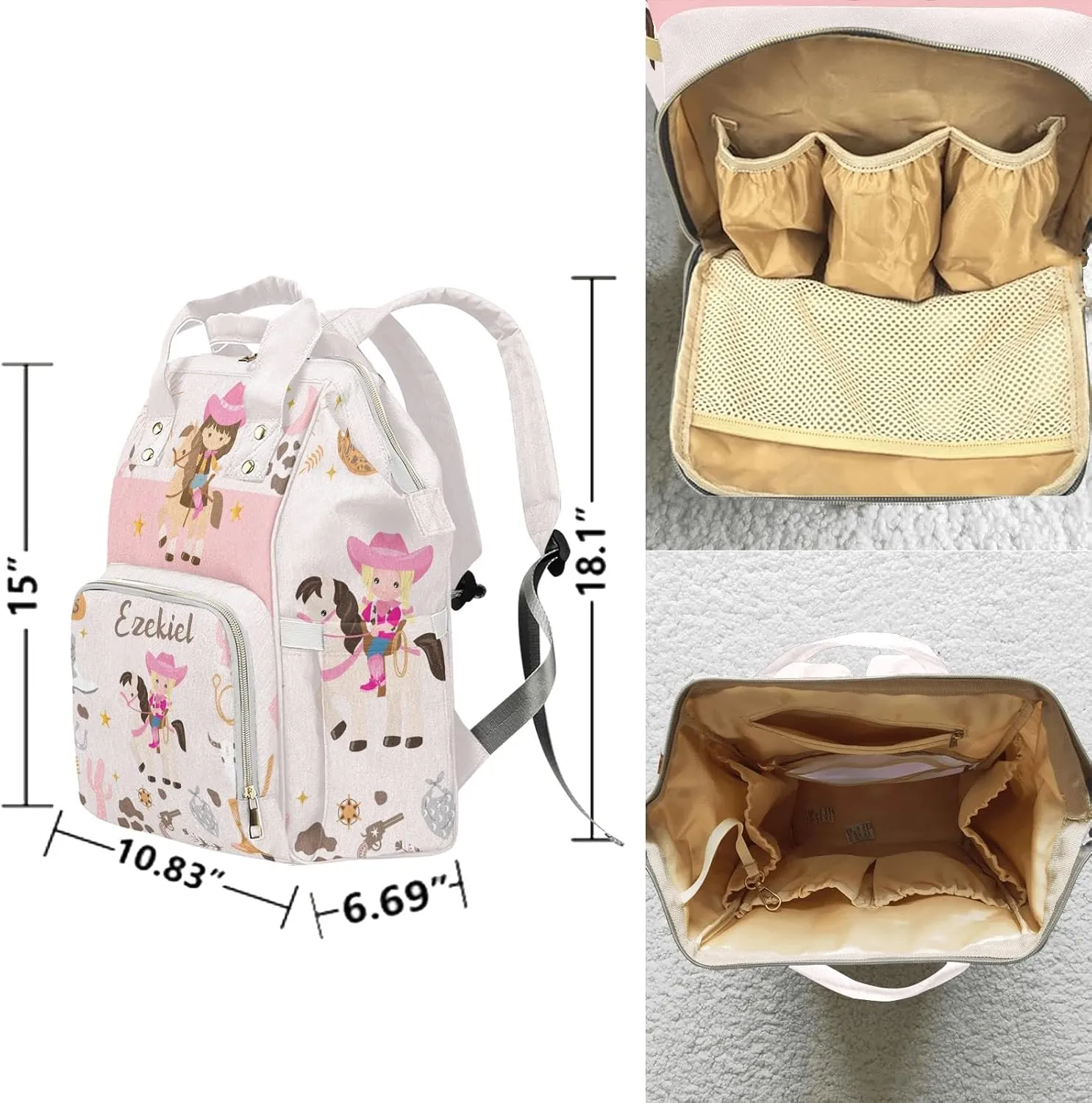 Western Cowgirl Cute Horse Personalized Name Diaper Bag Backpack,Custom Travel DayPack for Nappy Mommy Bag Gift