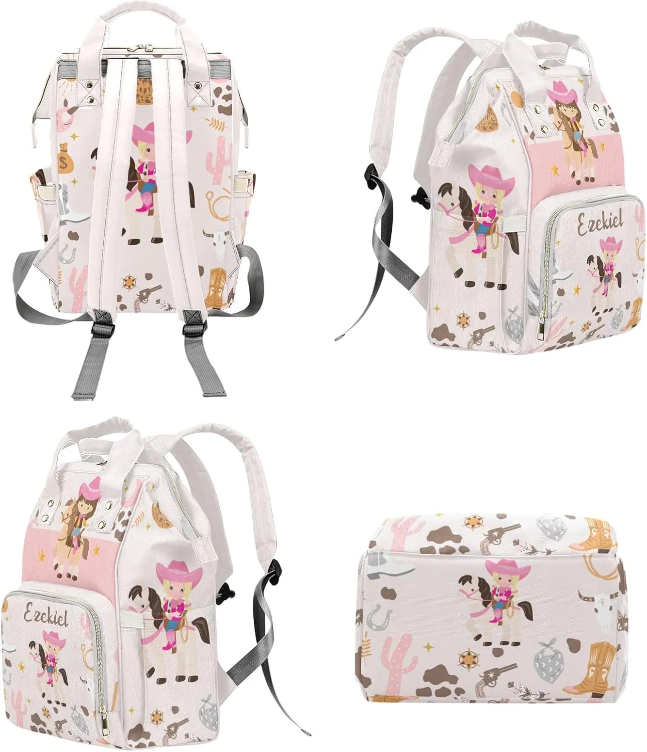 Western Cowgirl Cute Horse Personalized Name Diaper Bag Backpack,Custom Travel DayPack for Nappy Mommy Bag Gift
