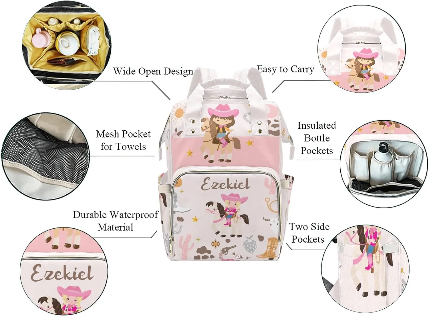 Western Cowgirl Cute Horse Personalized Name Diaper Bag Backpack,Custom Travel DayPack for Nappy Mommy Bag Gift