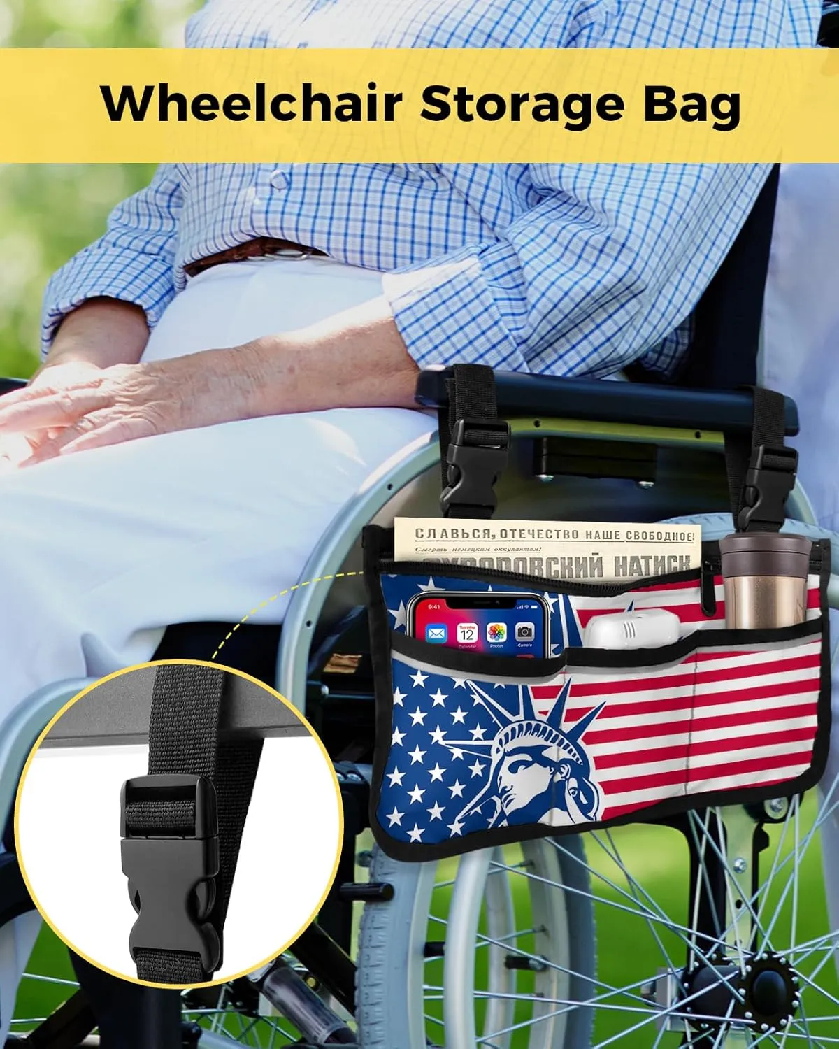 Wheelchair Side Storage Bag Statue of Liberty and American Flag Armrest Pouch with Cup Holder and Reflective Strip Wheelchair Accessories Organizer Bags for Walkers Rollator