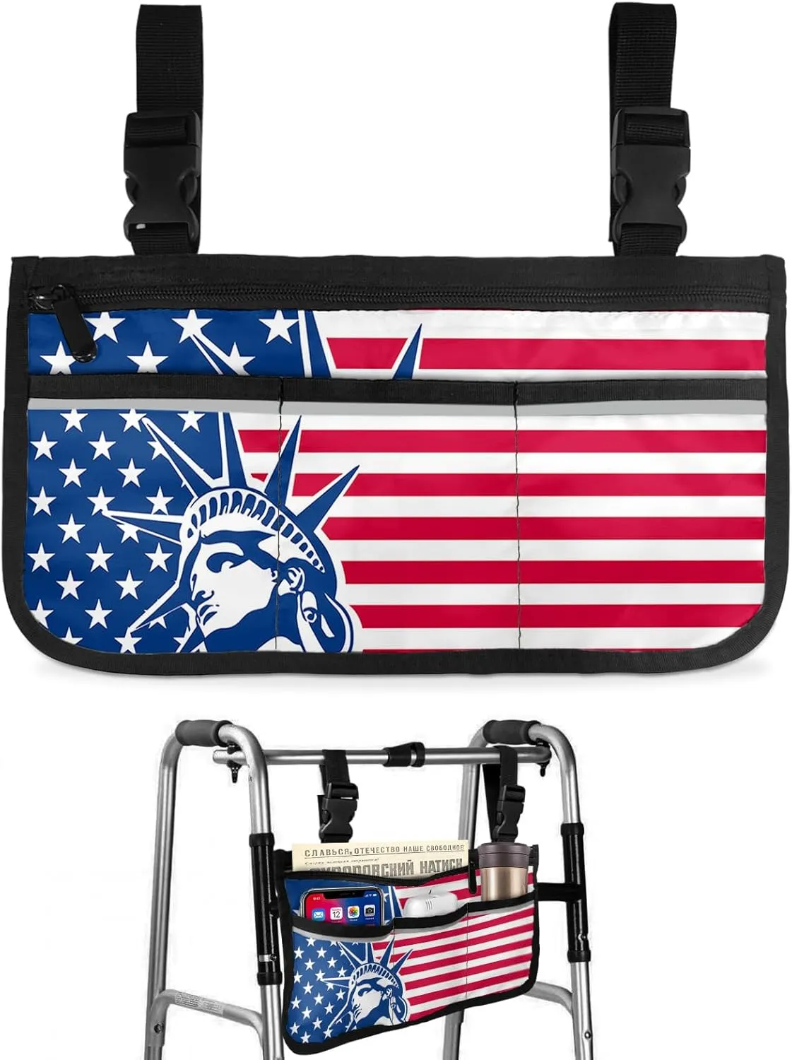 Wheelchair Side Storage Bag Statue of Liberty and American Flag Armrest Pouch with Cup Holder and Reflective Strip Wheelchair Accessories Organizer Bags for Walkers Rollator