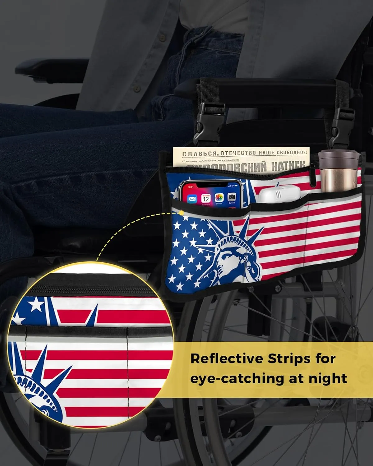 Wheelchair Side Storage Bag Statue of Liberty and American Flag Armrest Pouch with Cup Holder and Reflective Strip Wheelchair Accessories Organizer Bags for Walkers Rollator