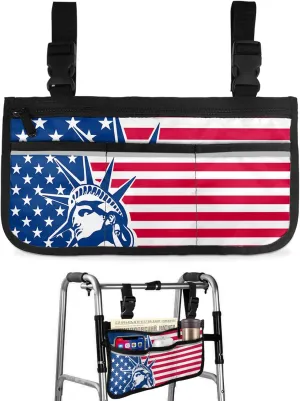Wheelchair Side Storage Bag Statue of Liberty and American Flag Armrest Pouch with Cup Holder and Reflective Strip Wheelchair Accessories Organizer Bags for Walkers Rollator