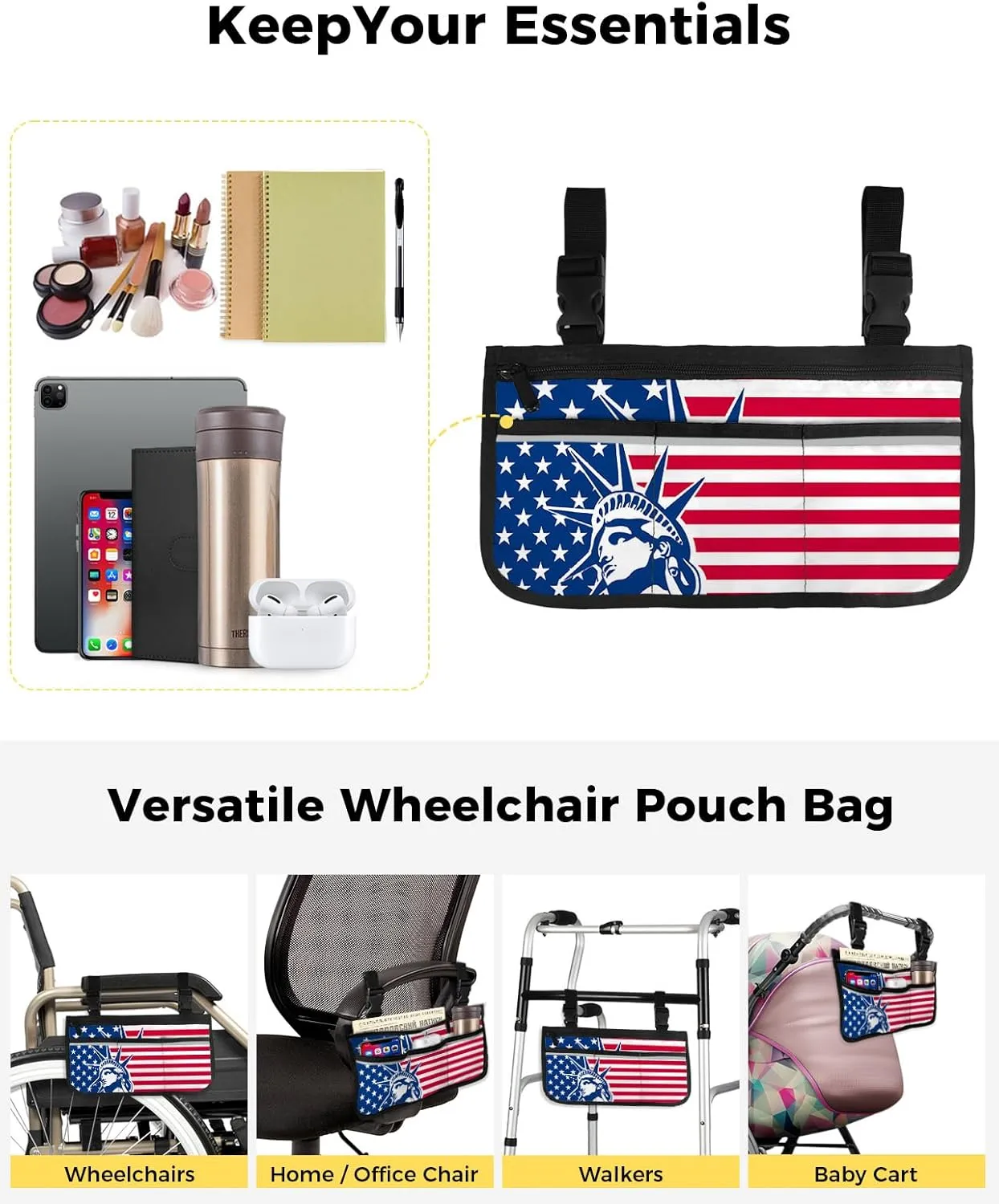 Wheelchair Side Storage Bag Statue of Liberty and American Flag Armrest Pouch with Cup Holder and Reflective Strip Wheelchair Accessories Organizer Bags for Walkers Rollator