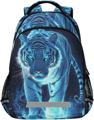 White Blue Glowing Tiger Backpack for Boys Girls Elementary School Bag Kids Travel Bags Casual Rucksack Laptop Bookbag