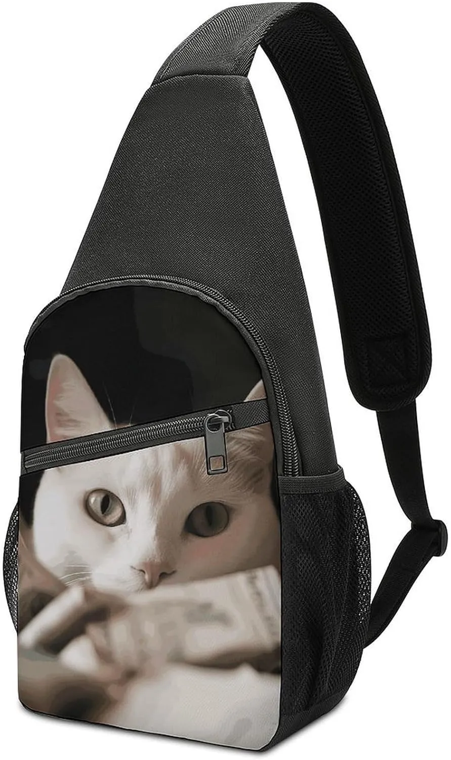 White Cat And Pile of Dollars Sling Bag Lightweight Crossbody Shoulder Backpacks Hiking Travel Daypack Chest Bag for Women Men