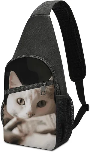 White Cat And Pile of Dollars Sling Bag Lightweight Crossbody Shoulder Backpacks Hiking Travel Daypack Chest Bag for Women Men