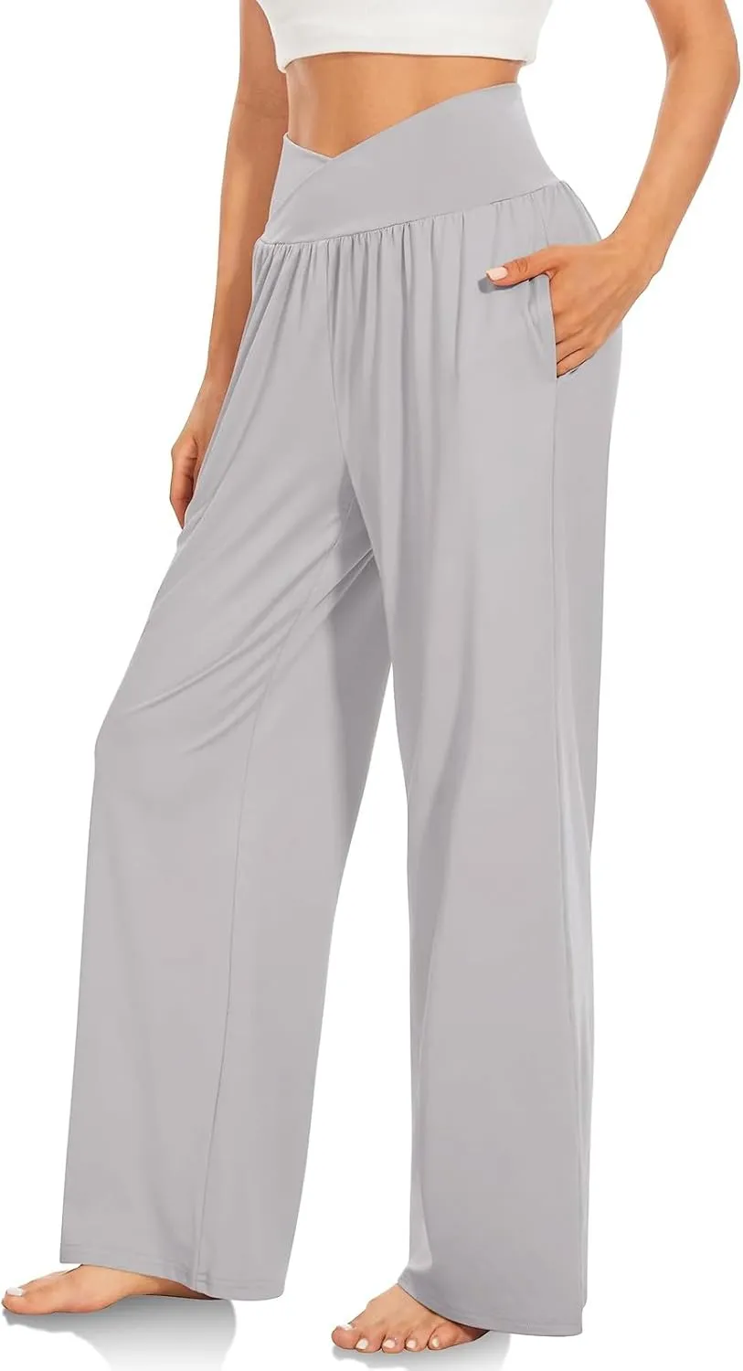 Wide Leg Yoga Pants Women Summer Lightweight Crossover Waist Athletic Pants Crossover Low Waist Running Workout Pants