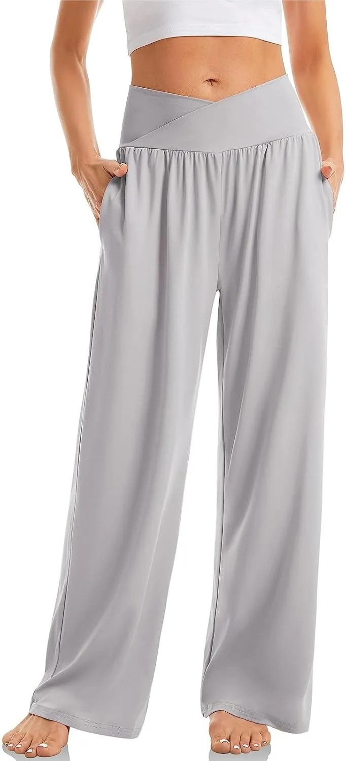 Wide Leg Yoga Pants Women Summer Lightweight Crossover Waist Athletic Pants Crossover Low Waist Running Workout Pants