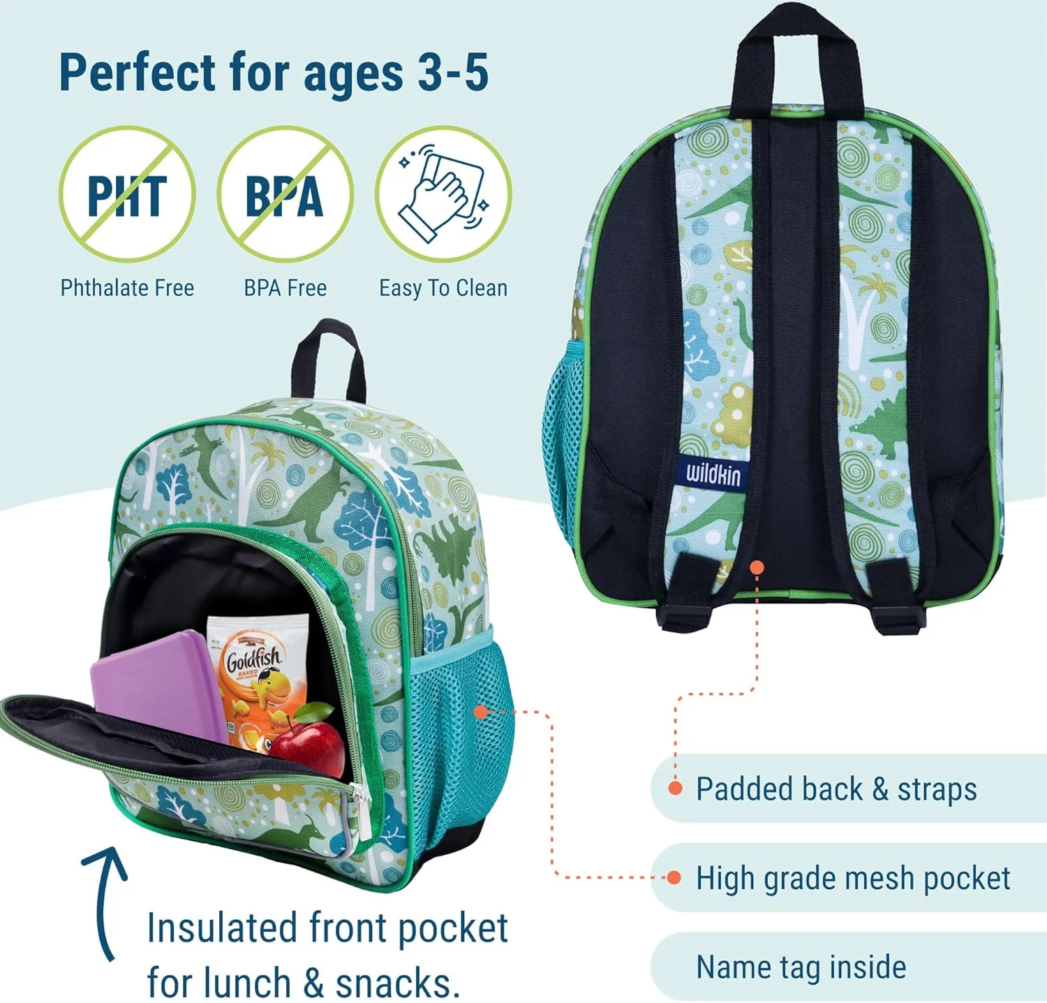 Wildkin 12-inch Kids Backpack – Padded, Adjustable, Ideal for Daycare & Travel - Dinomite Dinosaurs