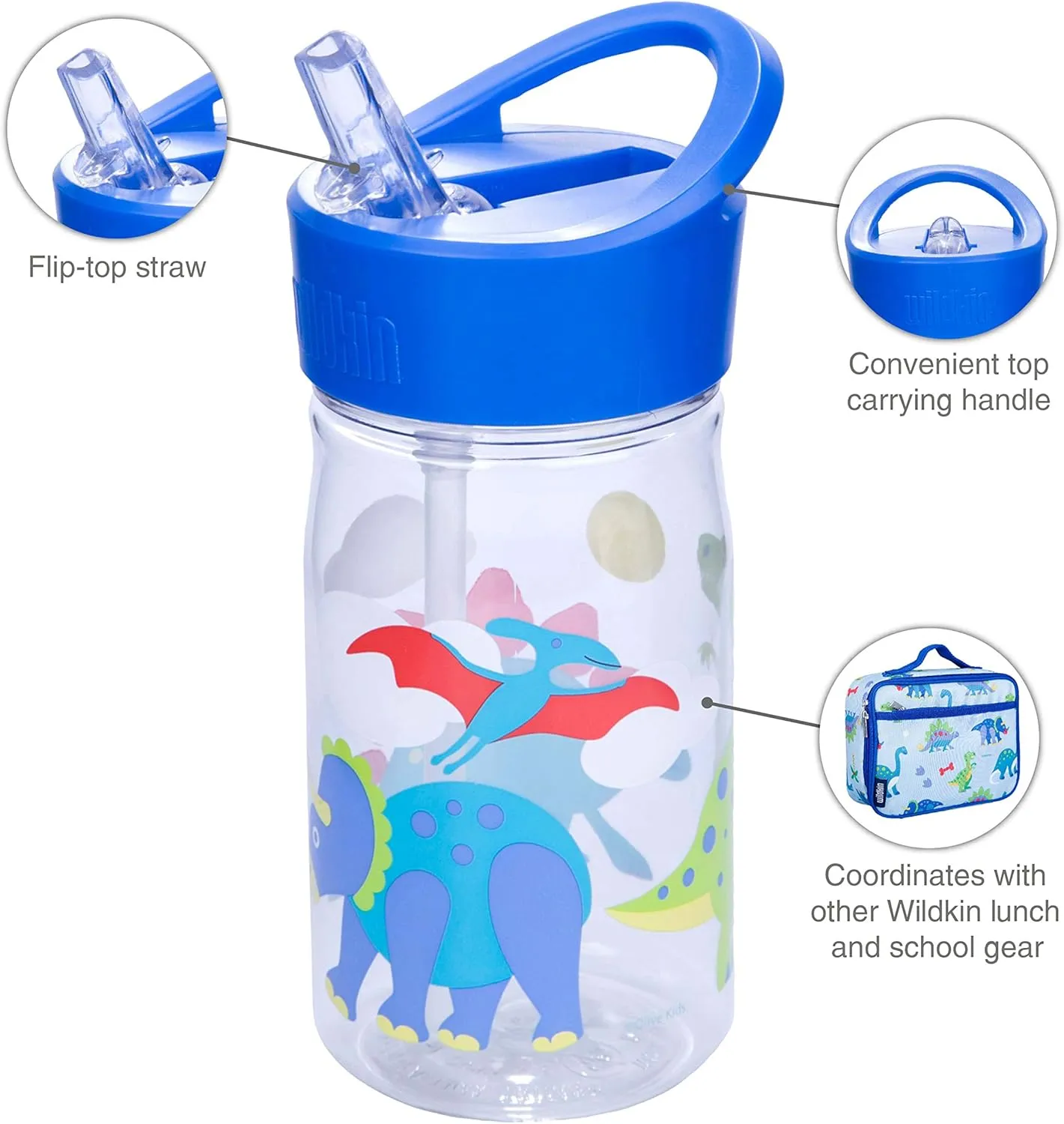 Wildkin Kids 16 oz Reusable Water Bottle for Boys and Girls, Features Straw Top and Carrying Handle, Ideal Size for School or Travel, Easy to Clean - Dinosaur Land