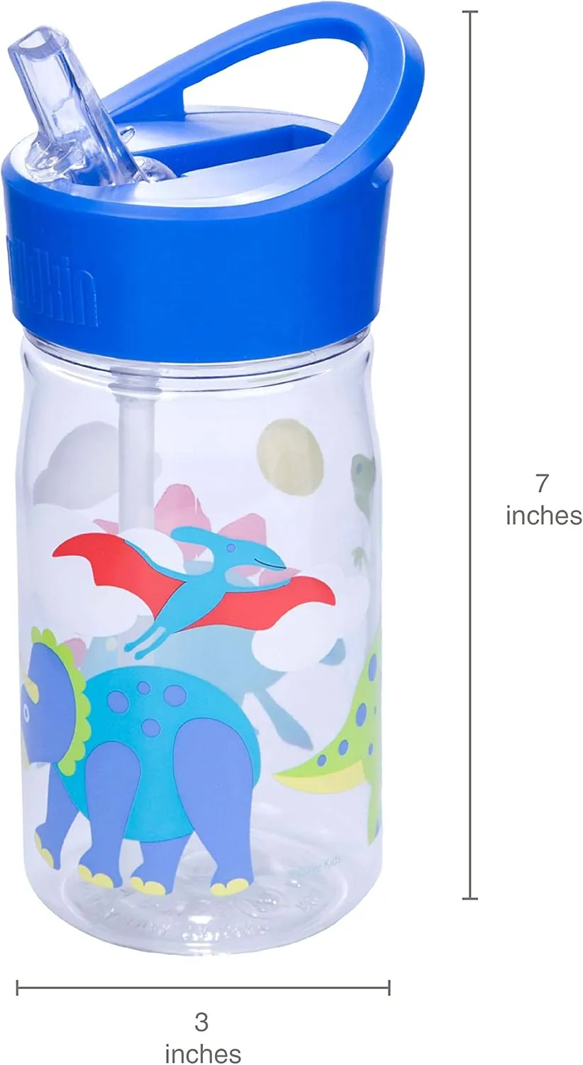 Wildkin Kids 16 oz Reusable Water Bottle for Boys and Girls, Features Straw Top and Carrying Handle, Ideal Size for School or Travel, Easy to Clean - Dinosaur Land