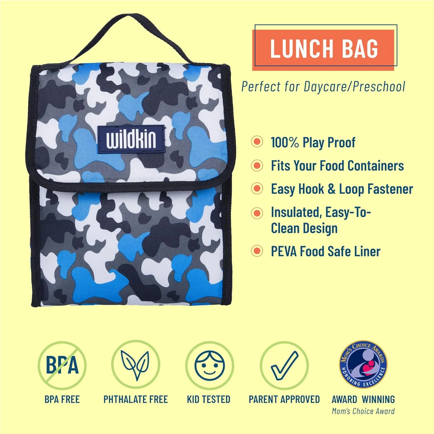 Wildkin Kids Insulated Lunch Bag – Reusable, Ideal for Hot/Cold Snacks, School & Travel - Blue Camo