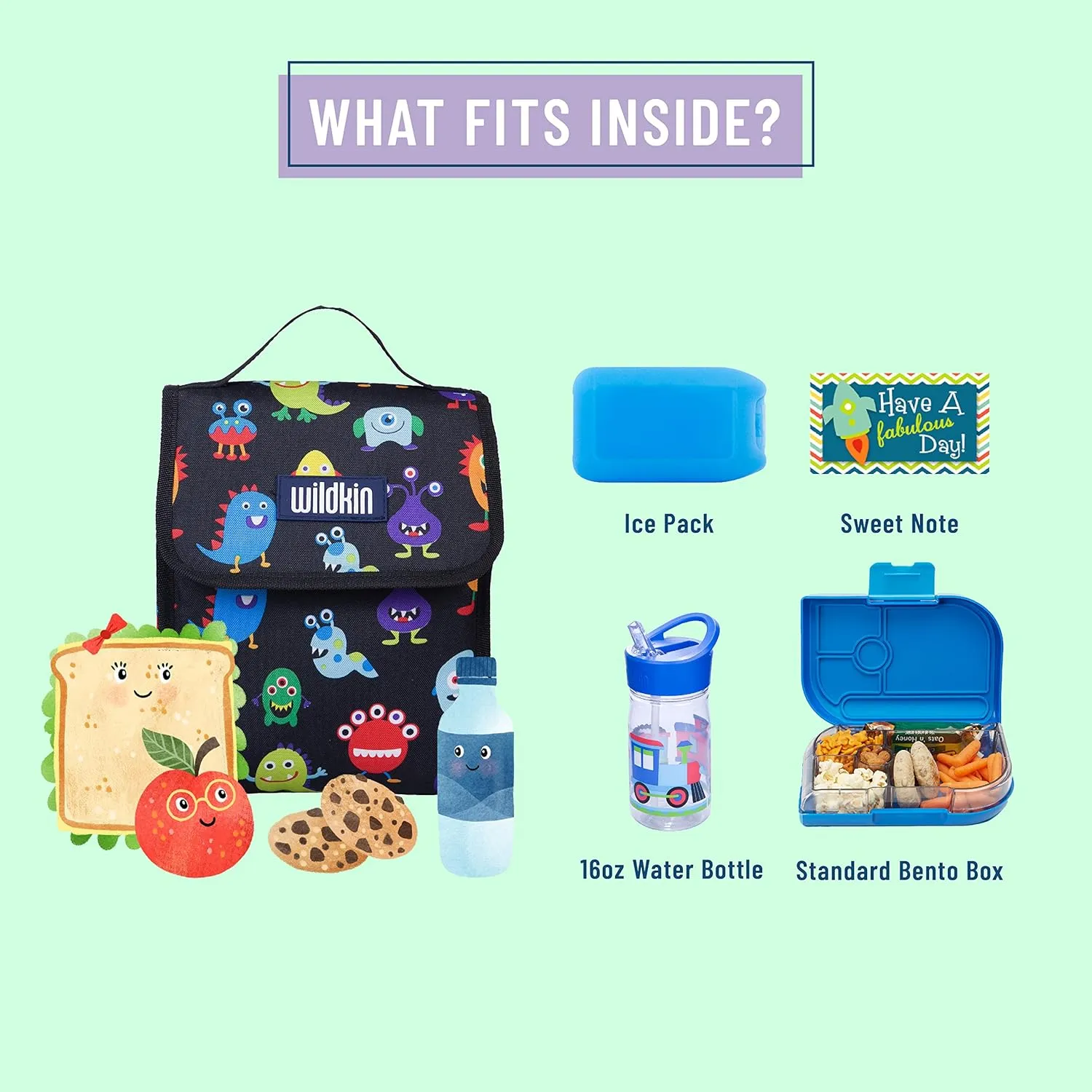 Wildkin Kids Insulated Lunch Bag – Reusable, Ideal for Hot/Cold Snacks, School & Travel - Monsters