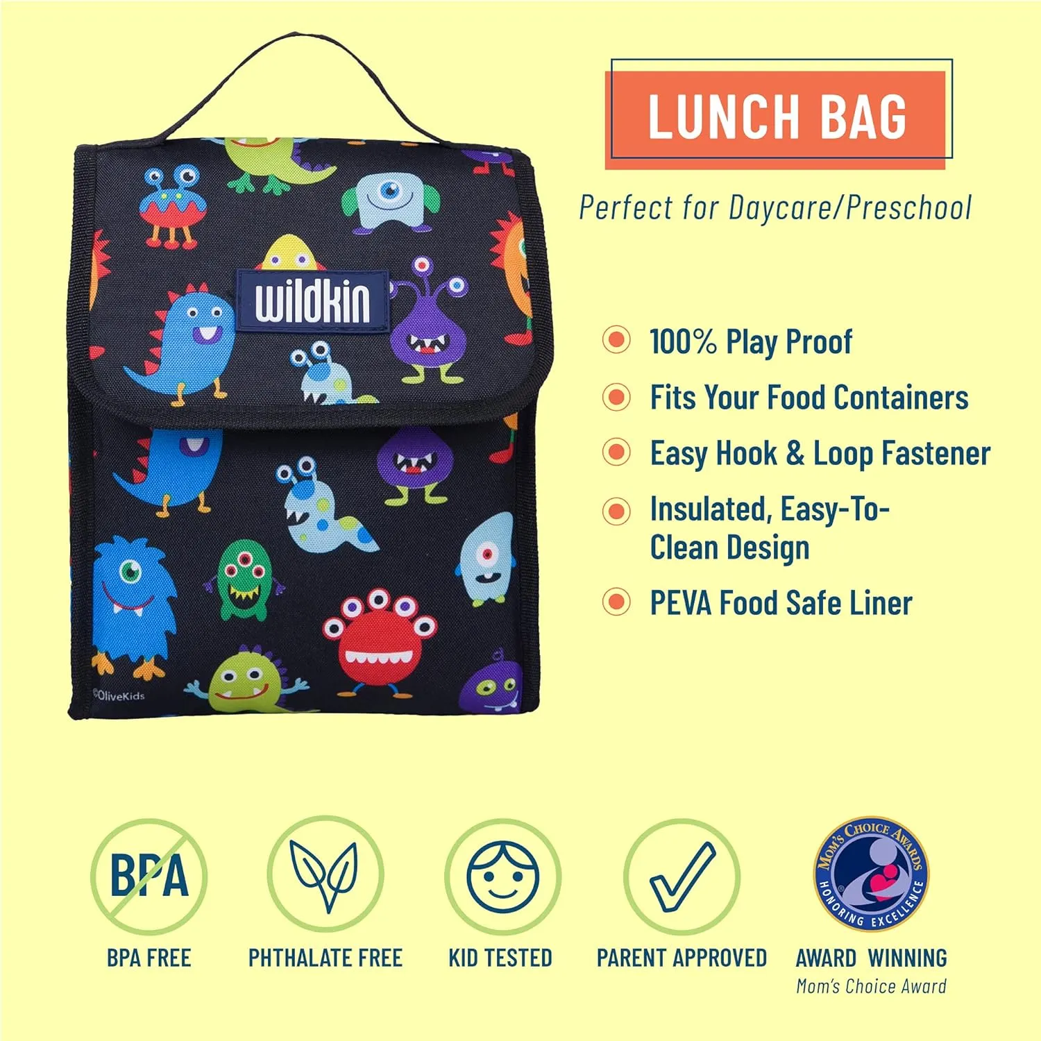 Wildkin Kids Insulated Lunch Bag – Reusable, Ideal for Hot/Cold Snacks, School & Travel - Monsters