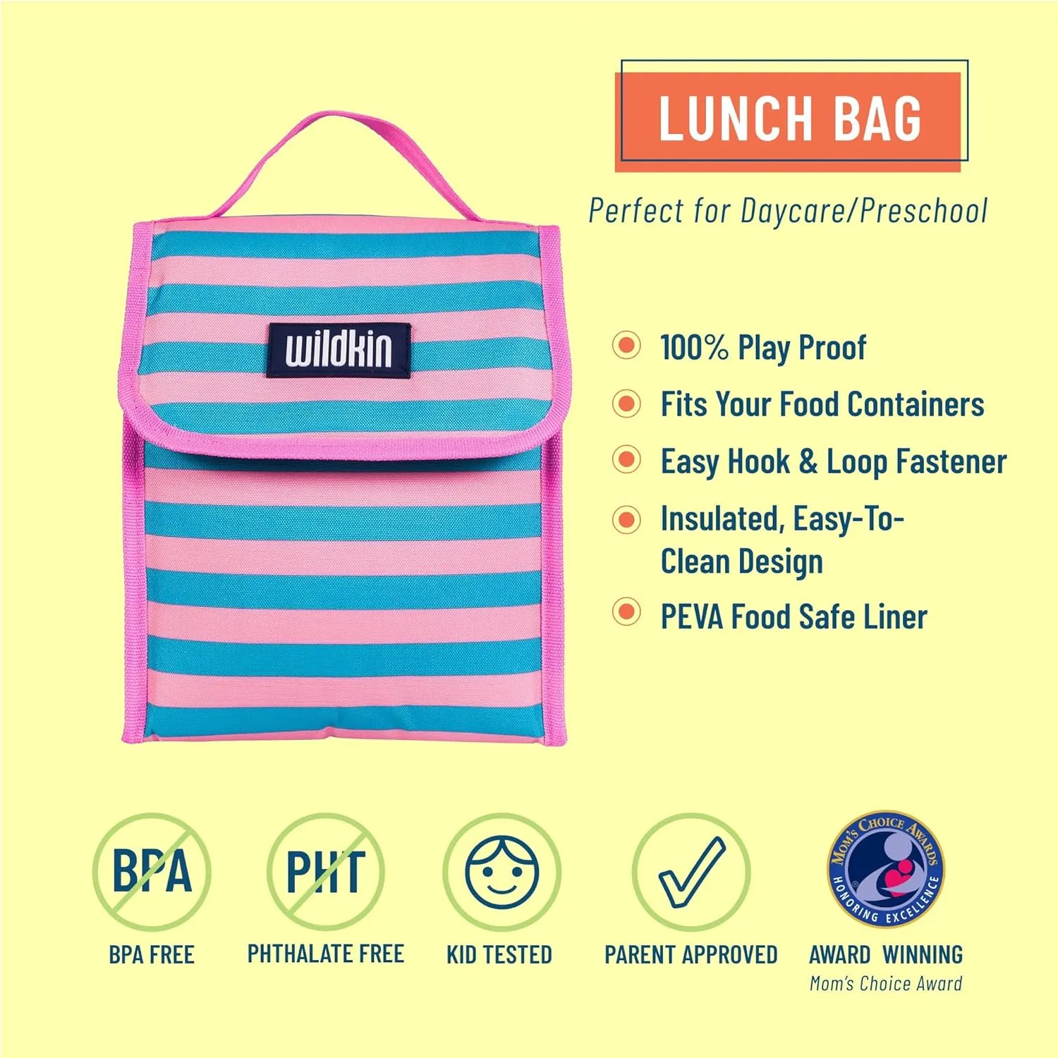 Wildkin Kids Insulated Lunch Bag – Reusable, Ideal for Hot/Cold Snacks, School & Travel - Pink Stripes