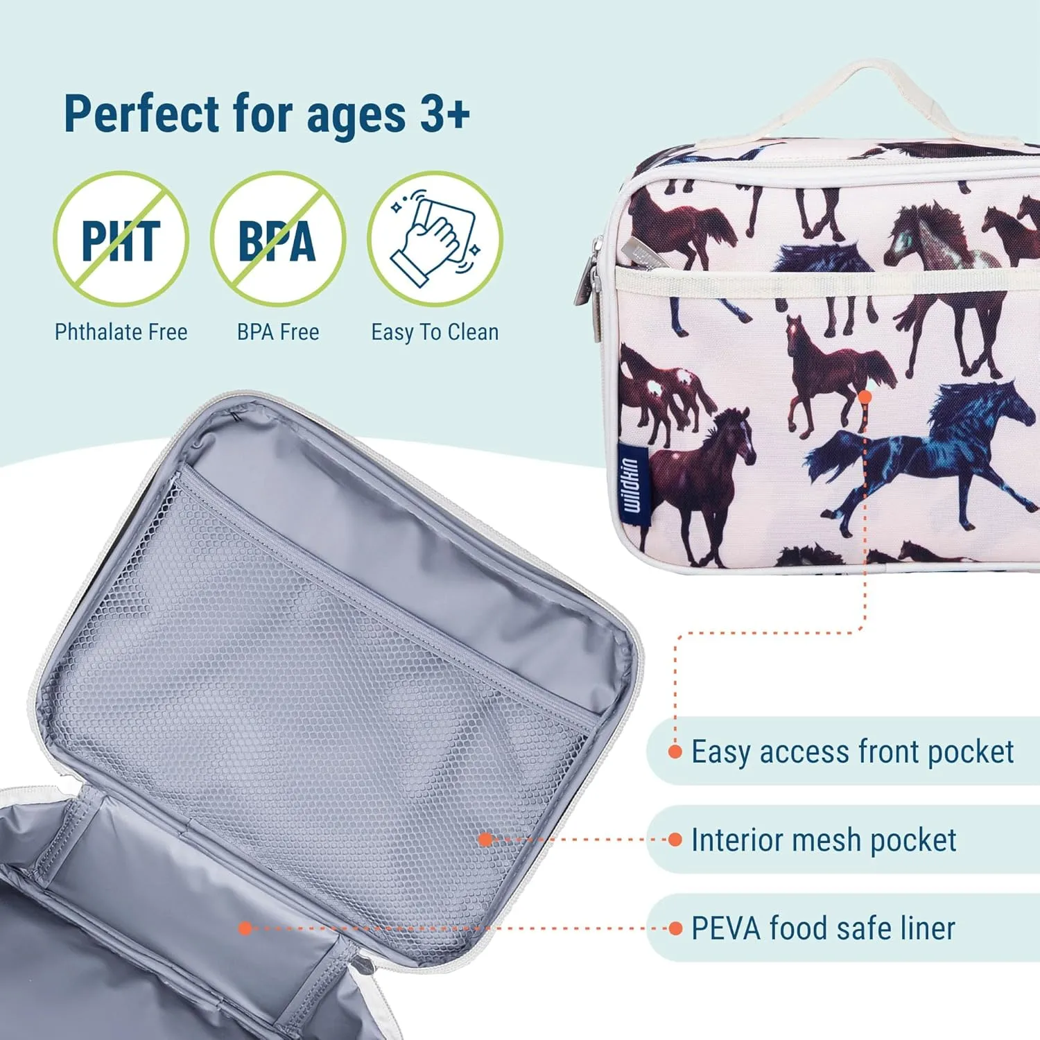 Wildkin Kids Insulated Lunch Box – Durable and Reusable for School & Travel - Horse Dreams