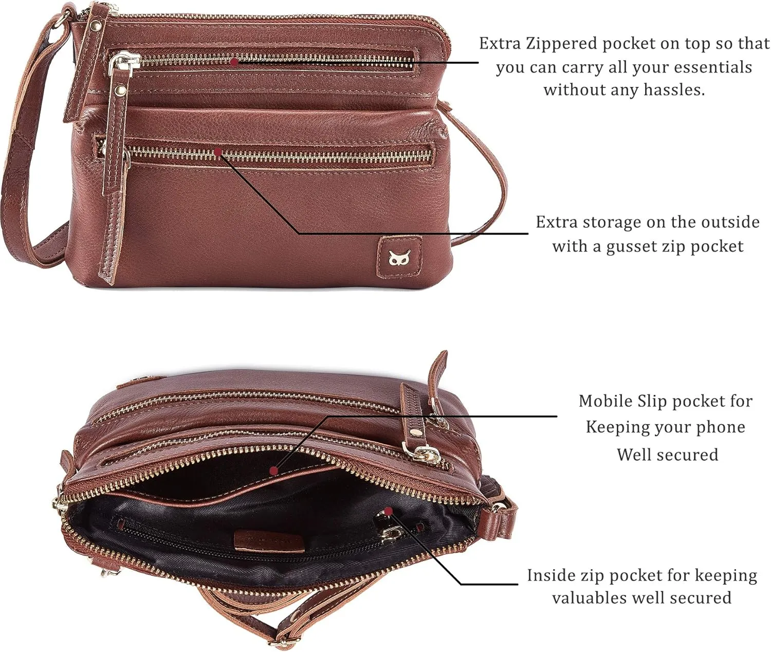Wise Owl Accessories Small Crossbody Sling Bag Real Leather Purse for Women Crossover Trendy Shoulder Handbag