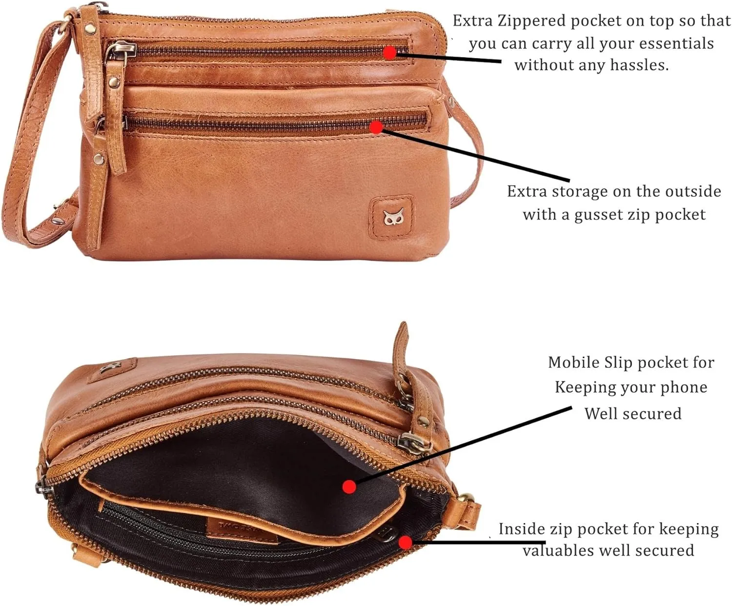 Wise Owl Accessories Small Crossbody Sling Bag Real Leather Purse for Women Crossover Trendy Shoulder Handbag