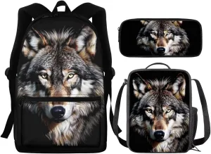 Wolf Backpack and Lunch Bag Set for Boys Kids Bookbag Ages 6-8/8-12 School Bags Pencil Case Insulated Lunch Box Middle High Schoolbag Teen Back Pack Student Shoulder Bags 3pcs Cool