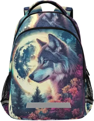 Wolf Moon Colorful Flowers Night Backpack for Boys Girls Elementary School Bag Kids Travel Bags Casual Rucksack Laptop Bookbag