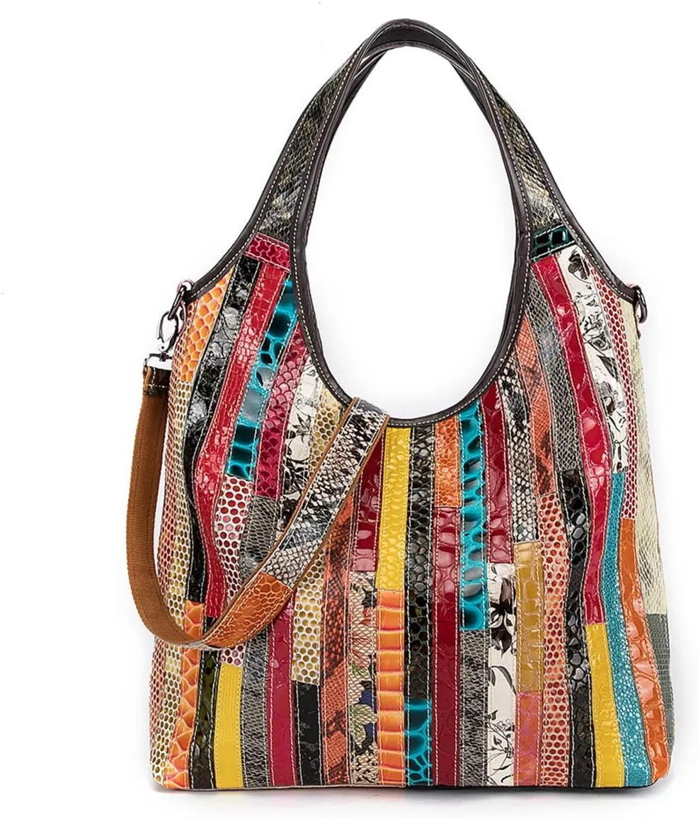 Women 3D Shiny Snake Print Handbag Leather Patent Leather Multi-Colour Spliced Shoulder Purse Colorful Satchel Tote