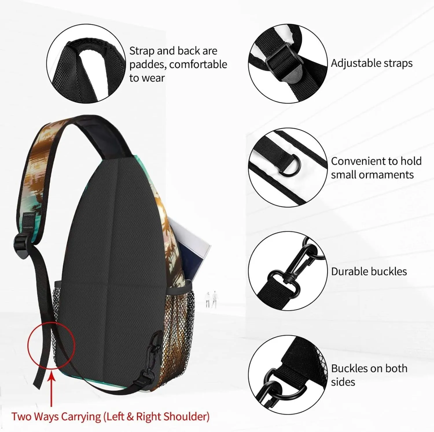 Women Beach Sunset Palm Tree Crossbody Sling Backpack for Men Chest Bag Shoulder Bag Lightweight One Strap Backpack Travel Outdoor Daypack