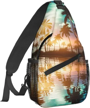 Women Beach Sunset Palm Tree Crossbody Sling Backpack for Men Chest Bag Shoulder Bag Lightweight One Strap Backpack Travel Outdoor Daypack