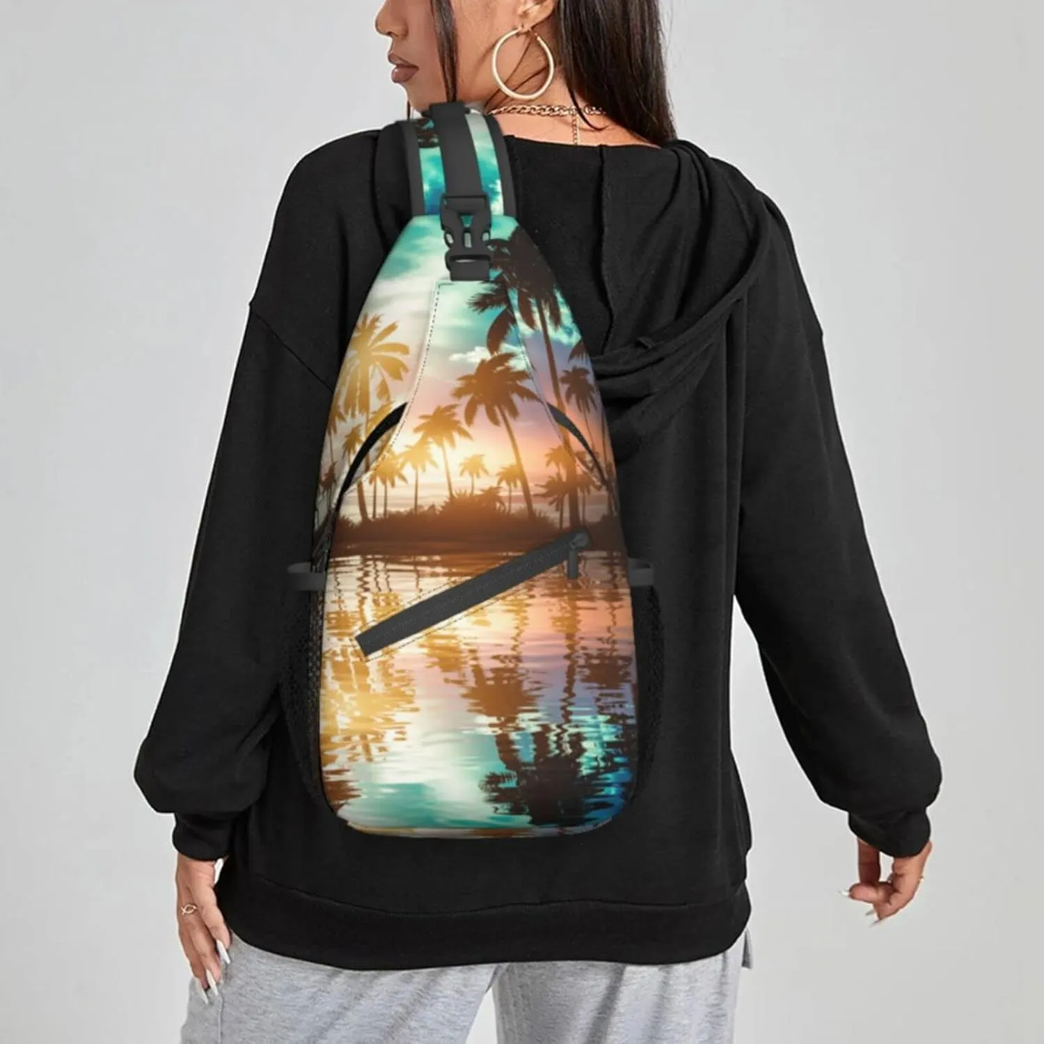 Women Beach Sunset Palm Tree Crossbody Sling Backpack for Men Chest Bag Shoulder Bag Lightweight One Strap Backpack Travel Outdoor Daypack
