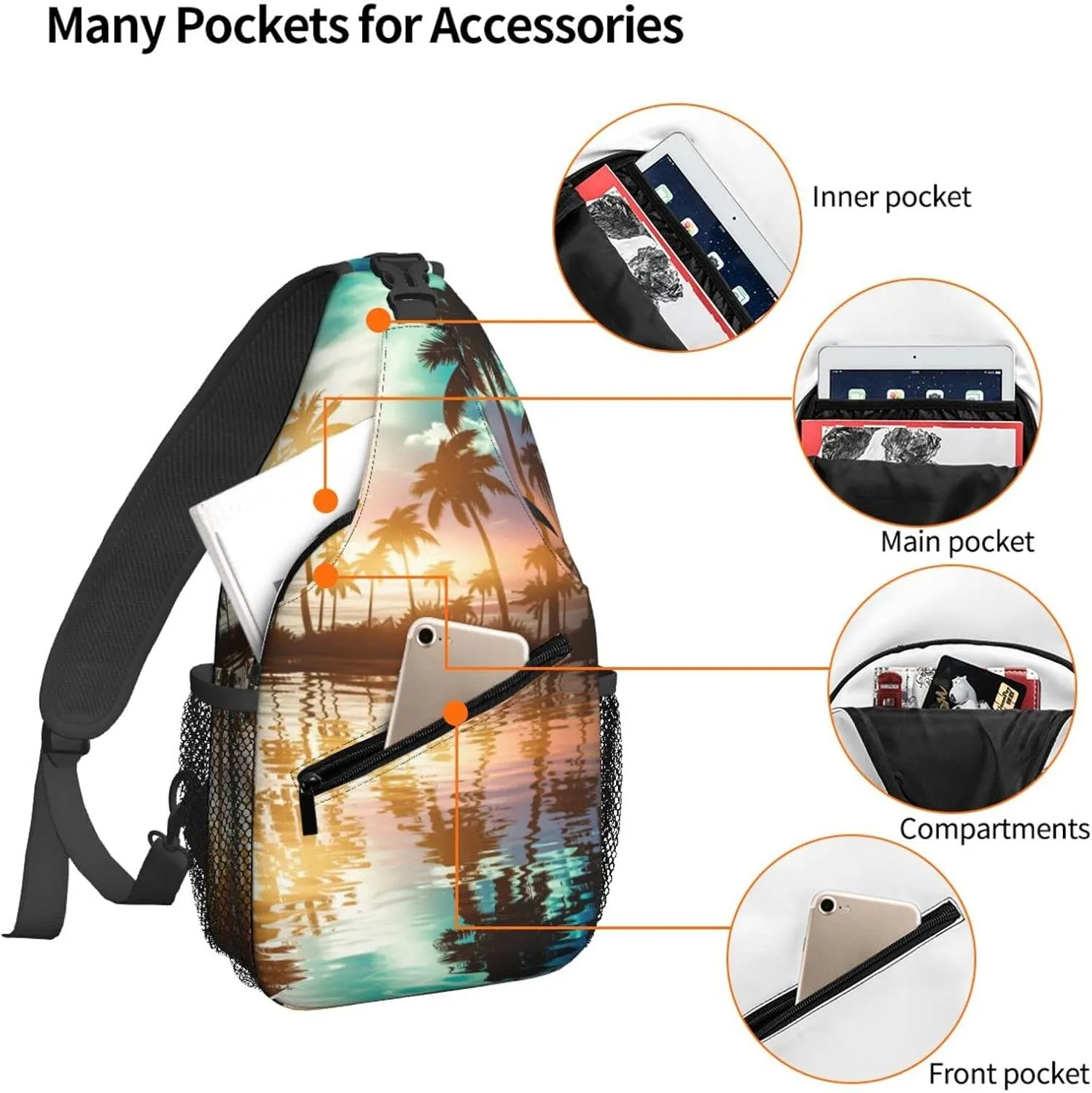 Women Beach Sunset Palm Tree Crossbody Sling Backpack for Men Chest Bag Shoulder Bag Lightweight One Strap Backpack Travel Outdoor Daypack