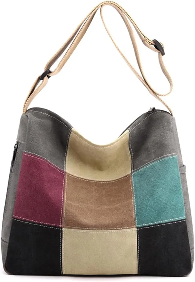 Women Canvas Shoulder Multi-Color Splice Crossbody Large Top Handle Multi-Pocket Tote Handbag Satchel