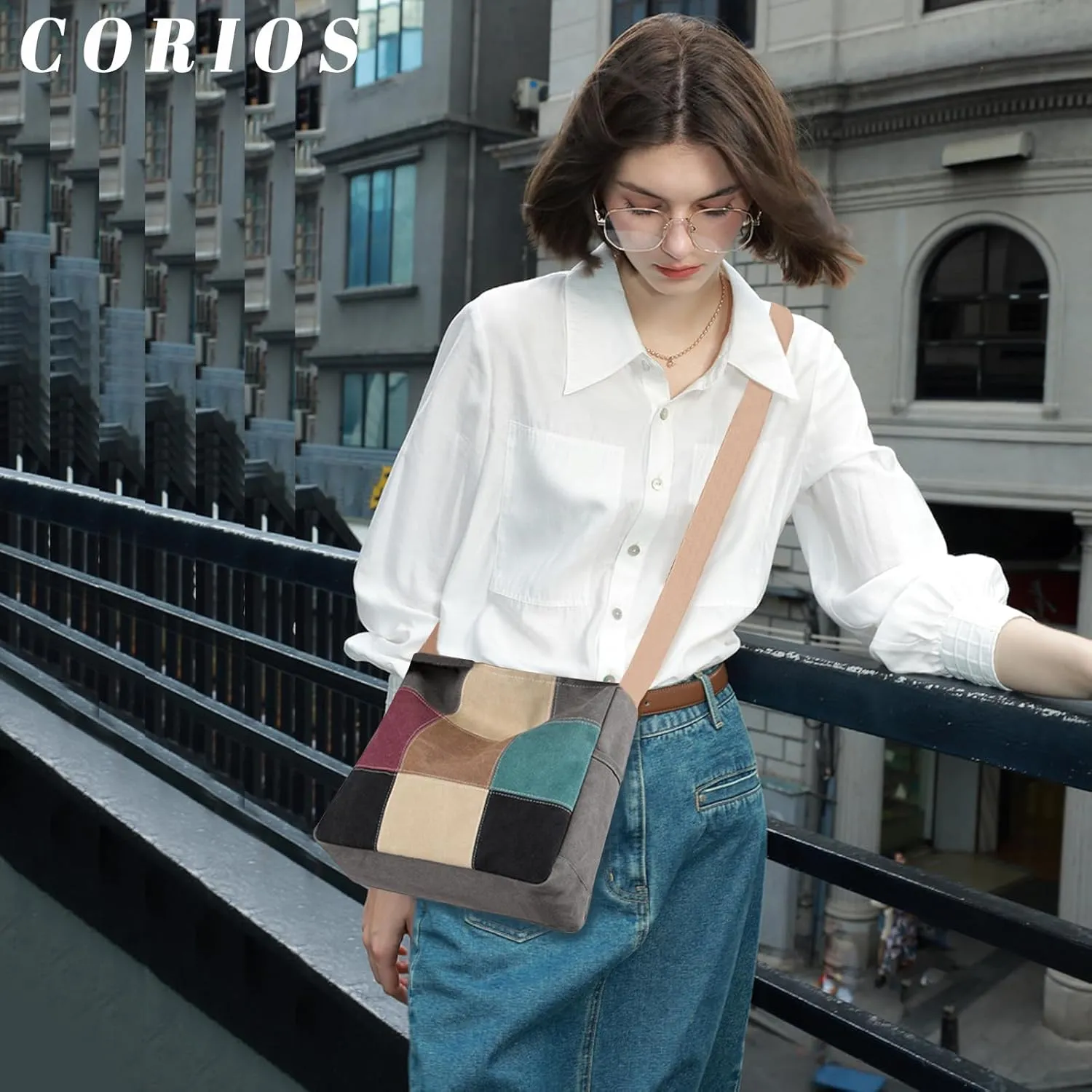 Women Canvas Shoulder Multi-Color Splice Crossbody Large Top Handle Multi-Pocket Tote Handbag Satchel