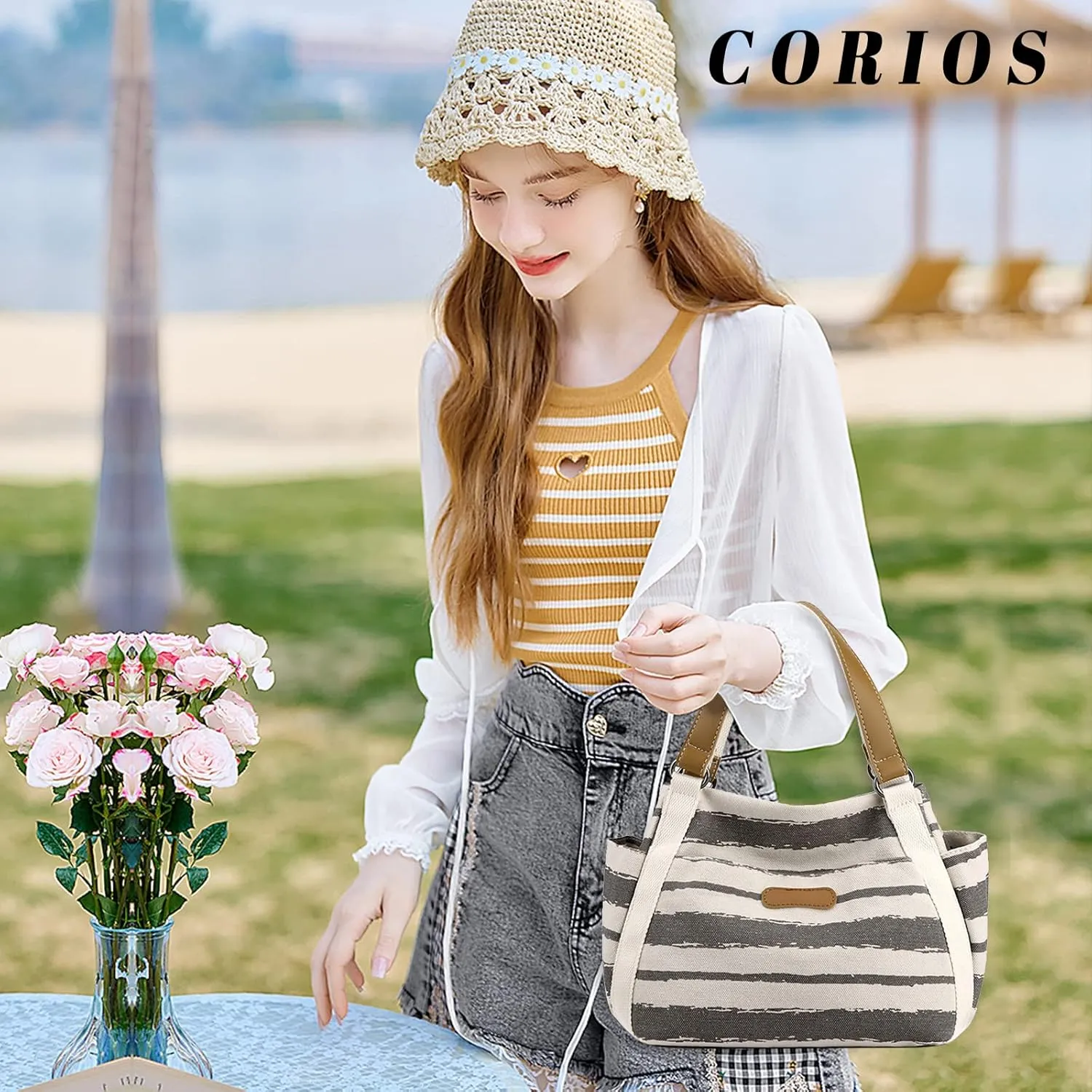 Women Canvas Tote Bag Striped Handbag Middle Capacity Shoulder Bag Casual Underarm Bag