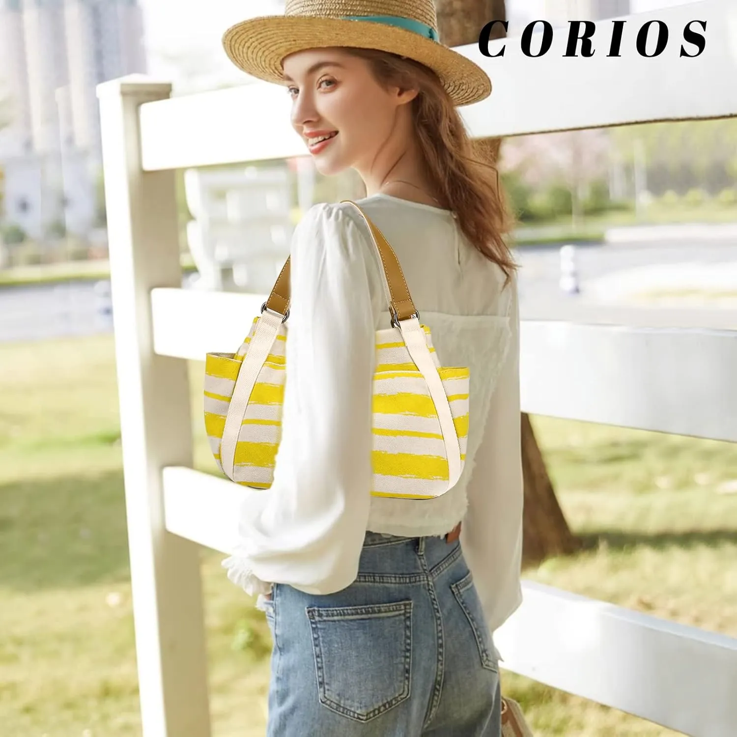 Women Canvas Tote Bag Striped Handbag Middle Capacity Shoulder Bag Casual Underarm Bag