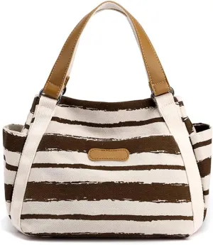 Women Canvas Tote Bag Striped Handbag Middle Capacity Shoulder Bag Casual Underarm Bag